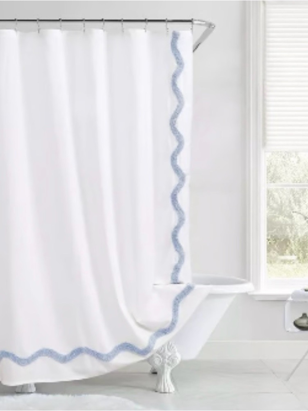 NWT Peri Home White Shower Curtain with Light Blue Wavy scallop Trim - Home Bath